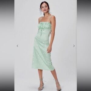 For Love and Lemons Robin Leopard Midi Dress Green Leopard Floral Satin XS